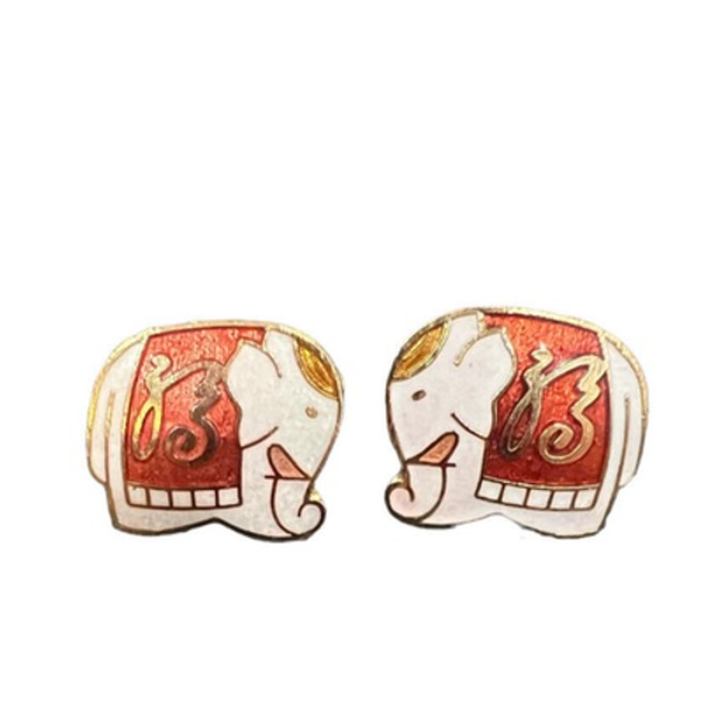 Vintage Cloisonne Enamel Elephant Stud Earrings Red White Gold Tone Jewelry